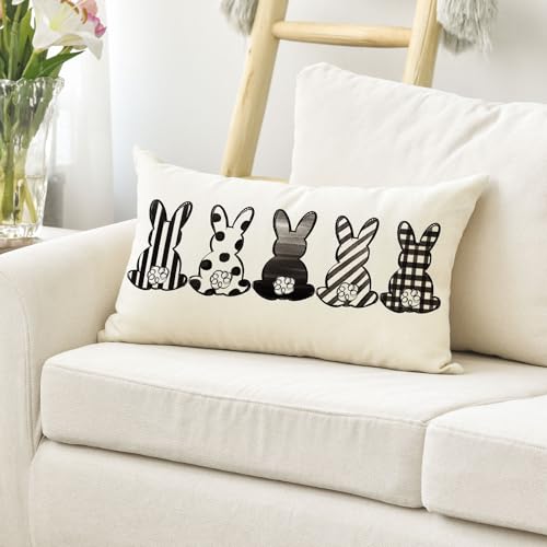 Easter Rabbits Throw Pillow Cover - 12x20 Inch Black & White Decoration
