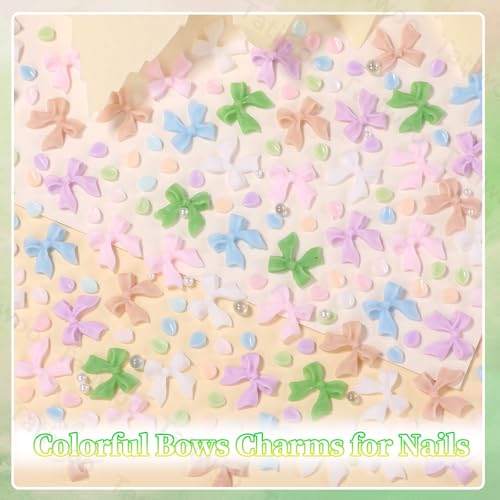 Tatiwoo 300 Pcs 3D Flower and Bow Nail Charms with Pearls and Beads