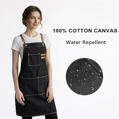 ZOMAO Black Chef Apron for Men & Women - Waterproof Cotton Canvas with Large Pockets