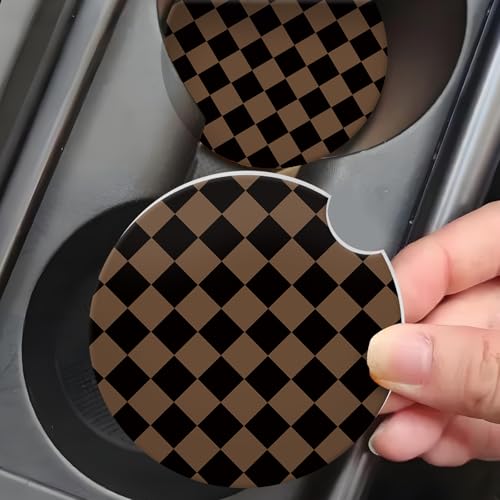 Khaki Checkered Ceramic Car Coasters - 2 Pack with Cork Base