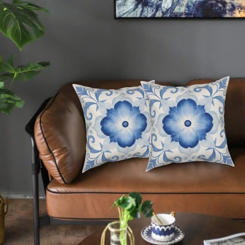 Elegant Blue Floral Throw Pillow Covers - 18x18 Inch Set of 2