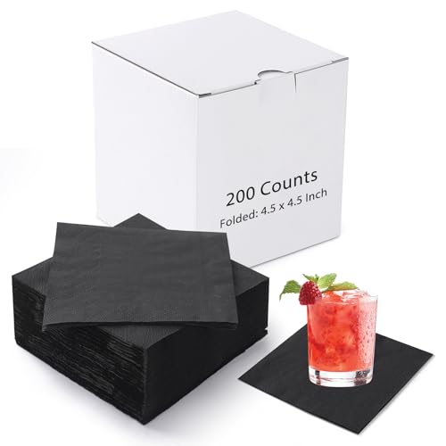 200 Pcs Black Cocktail Napkins 4.5" x 4.5" - 2-Ply Disposable for Events