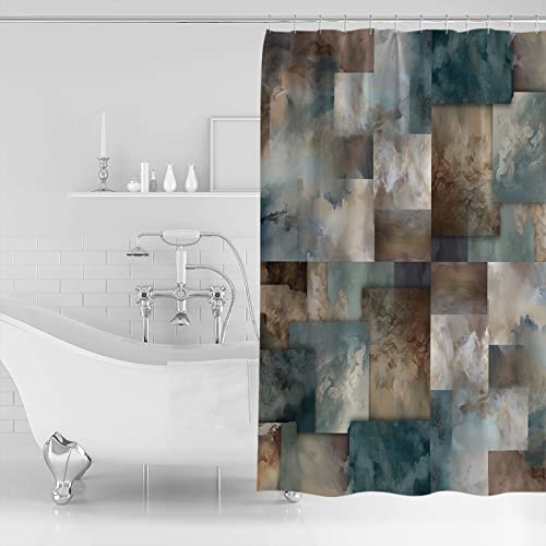 Teal Blue Brown Abstract Shower Curtain 72" x 72" Waterproof