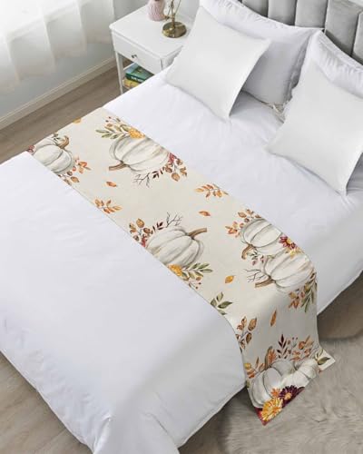 Thanksgiving Pumpkin Maple Leaf Watercolor Bed Runner for King Size Beds 102x20in