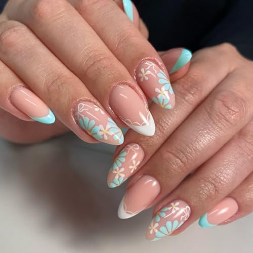 Green French Tip Press On Nails Medium Almond Floral Fake Nails