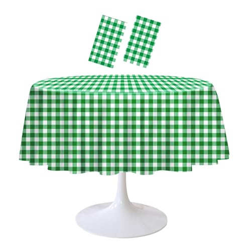 Green and White Checkered Round Tablecloth 84 Inch Pack of 2 - Disposable Picnic & Party Cover
