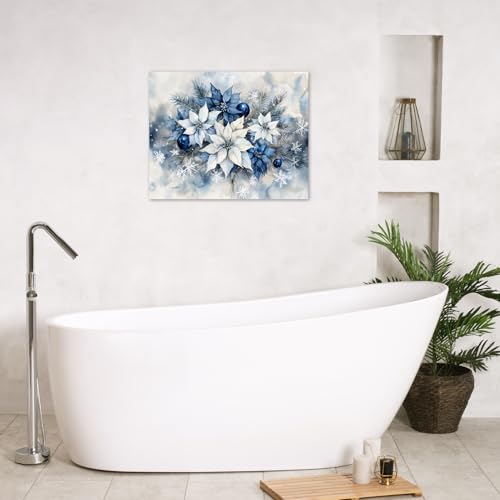 Christmas Wall Art Canvas - Blue and White Poinsettia Floral Decor 20x16 Inch - Ready to Hang