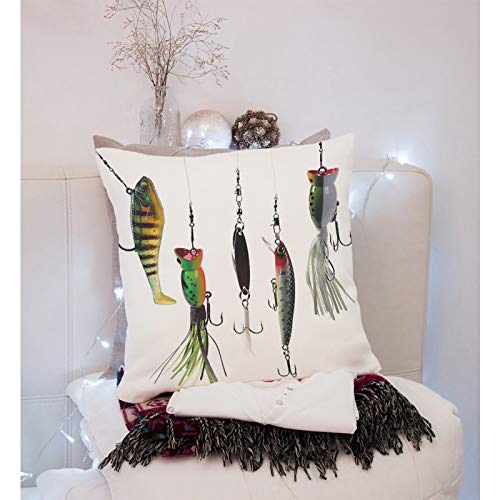 Fishing Bait & Hook Decorative Pillow Cover 18 x 18 Inch Cotton Linen – Versuswolf