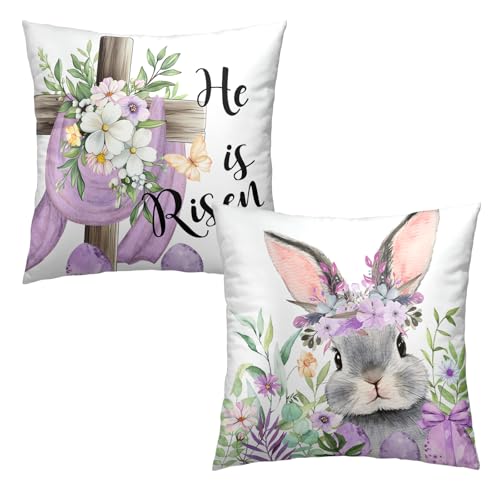 Easter Throw Pillow Covers - 2 Pack Floral Cross & Bunny 18x18