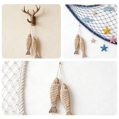 Wooden Fish Decor with Fishing Net - Nautical Wall Art Accent