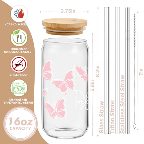 Pink Butterfly Glass Cup with Lids and Straws - Trendy Iced Coffee Tumbler - Variation 08-Pink Butterfly