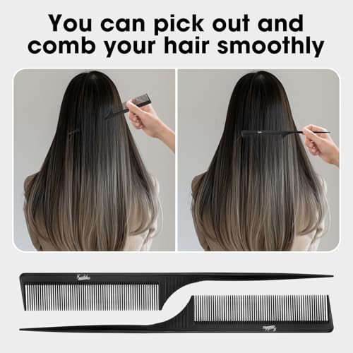 Kunihiko 2Pcs Carbon Fiber Rat Tail Combs for Parting and Styling, Anti-Static Fine Tooth Hair Combing Tools