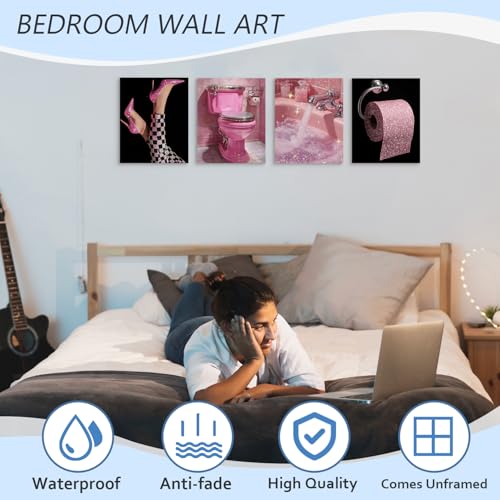 Pink and Black Bathroom Wall Art Prints - Set of 4, 8x10