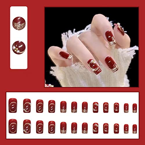 Press On Nails Medium Square Wine Red False Nails with Pearls Rhinestones