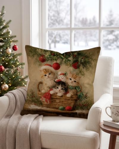 Vintage Christmas Cat Pillow Cover 18x18 with Hidden Zipper