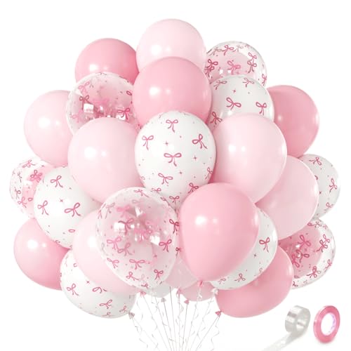 Kafeli Pink Bow Latex Balloons Set - 12in, 60pcs Party Decorations, Pink & White