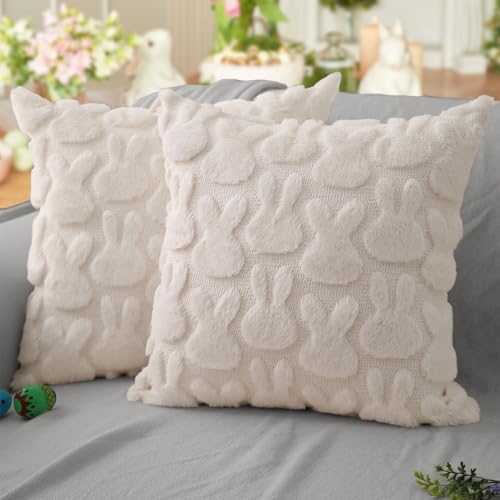 Easter Rabbit Throw Pillow Covers 18x18, Cream White Plush Set of 2