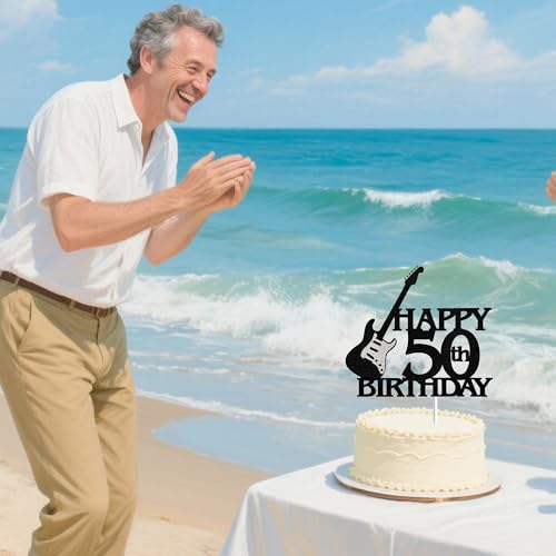 Guitar-Themed 50th Birthday Cake Topper - Black & Silver Glitter