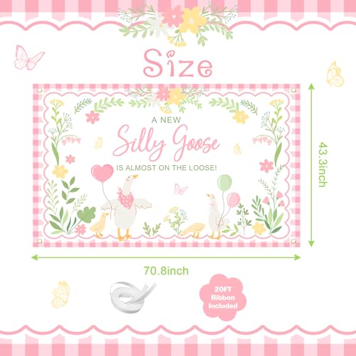 Silly Goose Baby Shower Banner - Pink Plaid Floral Backdrop (6x3.6ft)