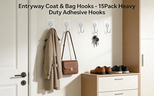 15-Pack Heavy Duty Adhesive Hooks - Transparent Waterproof Wall Hooks