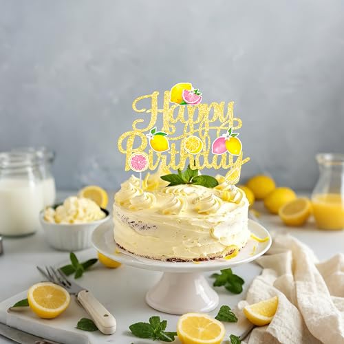 Glitter Lemon Happy Birthday Cake Topper - Summer Fruit Party Decoration