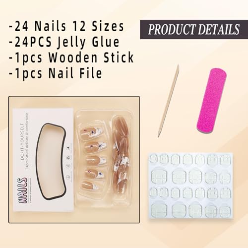 White French Tip Press On Nails Medium Almond with Rhinestones 24Pcs