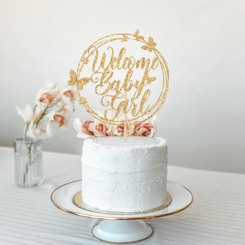 Welcome Baby Girl Cake Topper - Gold Glitter Baby Shower Decoration