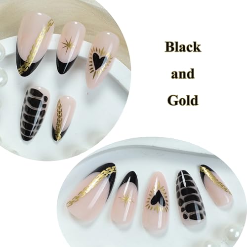 MERVF Almond Press on Nails Medium Black French Tip Gothic Fake Nails