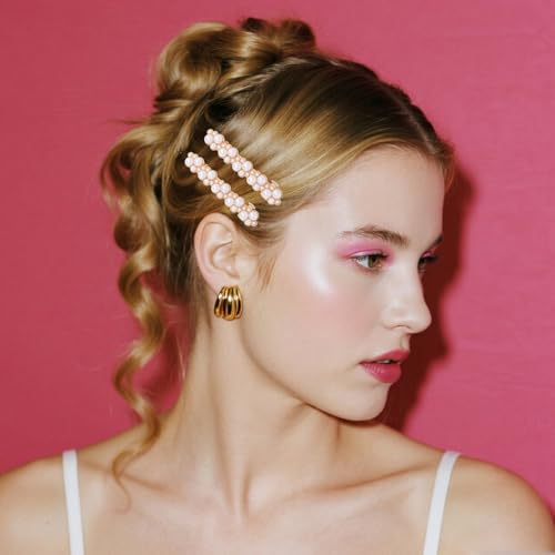 Pearl Hair Clips for Women Gold Metal Snap Barrettes 2-Pack
