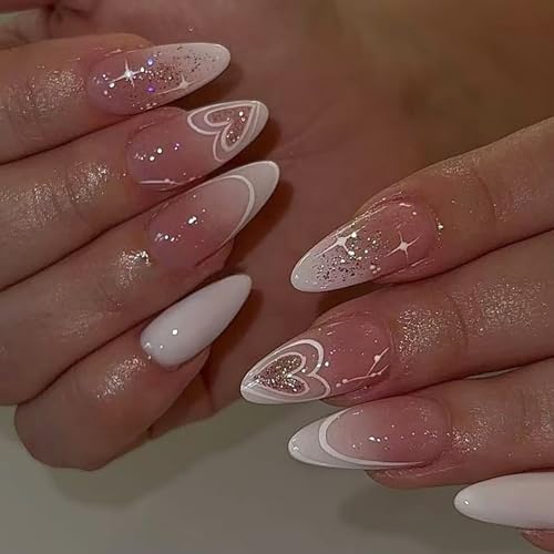 Valentine Press on Nails Medium Almond White French Tip Fake Nails