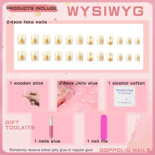 Short Square Press on Nails White Flower False Nails 24pcs
