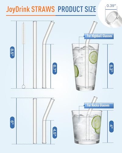 JoyDrink 16pcs Reusable Glass Straws Set - Short & Long, Dishwasher Safe