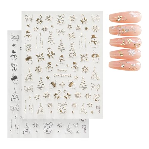 TENOC Christmas Nail Art Stickers, 3D Metallic Decals 2 Pcs Gold & Silver