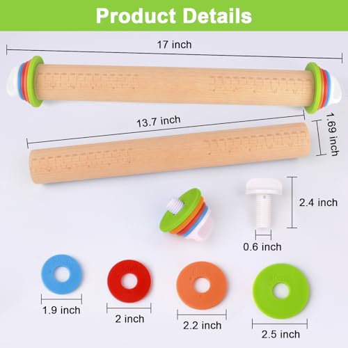 BIDFUL 17-Inch Natural Wood Adjustable Rolling Pin with Thickness Rings