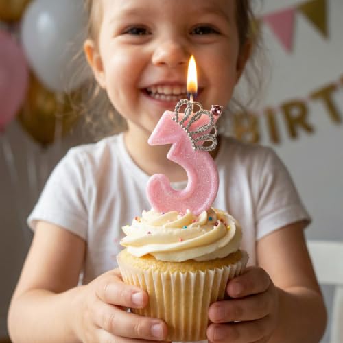 LASILE Pink Crown Number 3 Birthday Candle for Girl's 3rd Birthday, Princess Cake Topper, Party Supplies