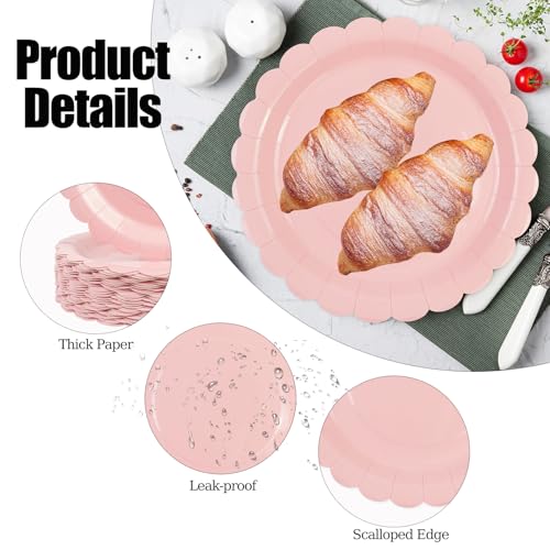 Pink Scalloped Paper Plates - 50 Pcs 7 Inch Disposable Dinner Plates for Parties