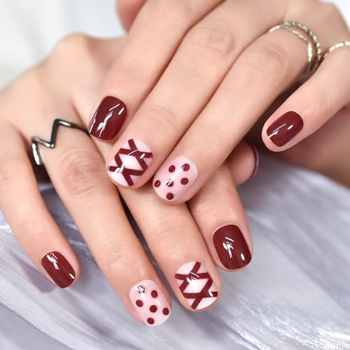 iMABC Christmas Glossy Red Short Squoval Press On Nails with Bow Design