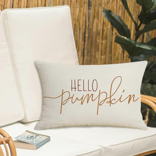 Hello Pumpkin Fall Lumbar Pillow Cover 12x20 Linen Autumn Decor