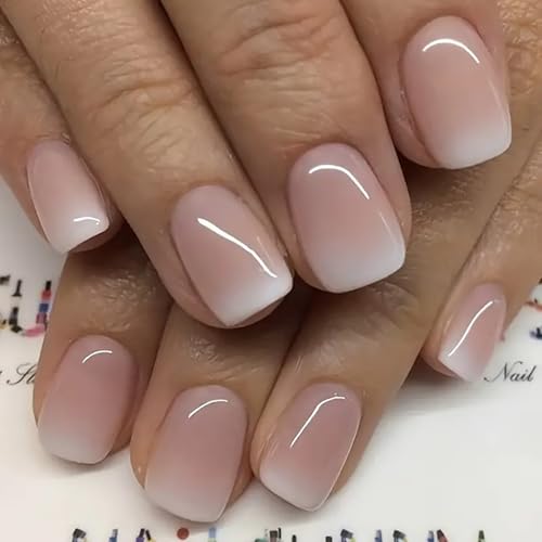 Short Square Press on Nails Gradient Nude Glossy False Acrylic Nails