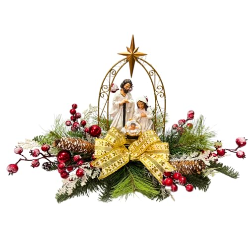 Lighted Nativity Scene Christmas Decor with Timer and Gold Bow, 20 Inches