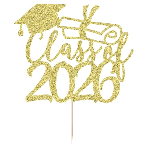 2026 Gold Graduation Cake Topper - Glitter Party Decoration