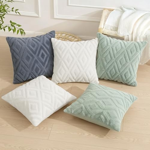 Pallene Cream White Faux Fur Throw Pillow Covers Set of 2 - 18x18 Decorative Pillow Cases with 3D Diamond Pattern