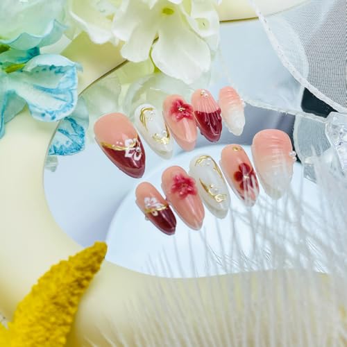 3D Floral Press On Nails Short Almond False Nails French Tip Acrylic