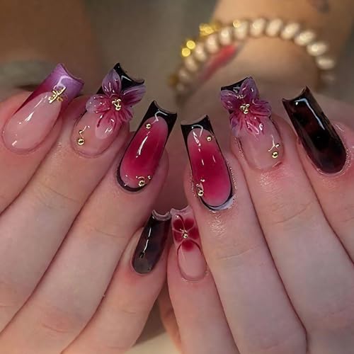 3D Floral Press on Nails Long Square Black French Tip False Nails