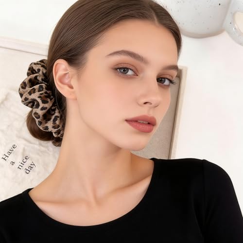 Leopard Satin Hair Scrunchies 2-Pack Elastic Cheetah Hair Ties