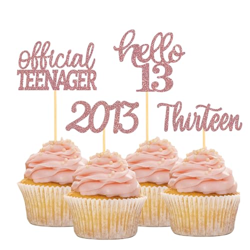 24-Piece Rose Gold 13th Birthday Cupcake Toppers - Official Teenager Decor