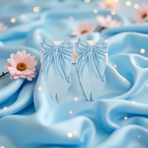 Light Blue Jumbo Satin Hair Bow Clip 2-Piece Long Tail Bowknot Barrette