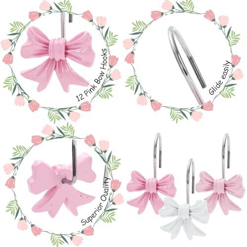 FYSUIMU 12Pcs Decorative Shower Curtain Hooks - Pink & White Bow
