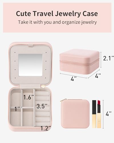 VLANDO Travel Jewelry Box Organizer - Compact Pink Case with Mirror