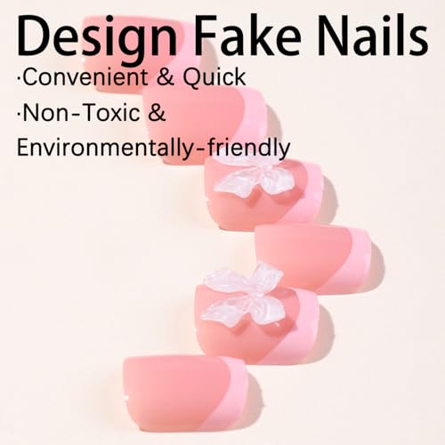 Pink French Tip Press On Toenails Short Square with Bow Charms 24Pcs